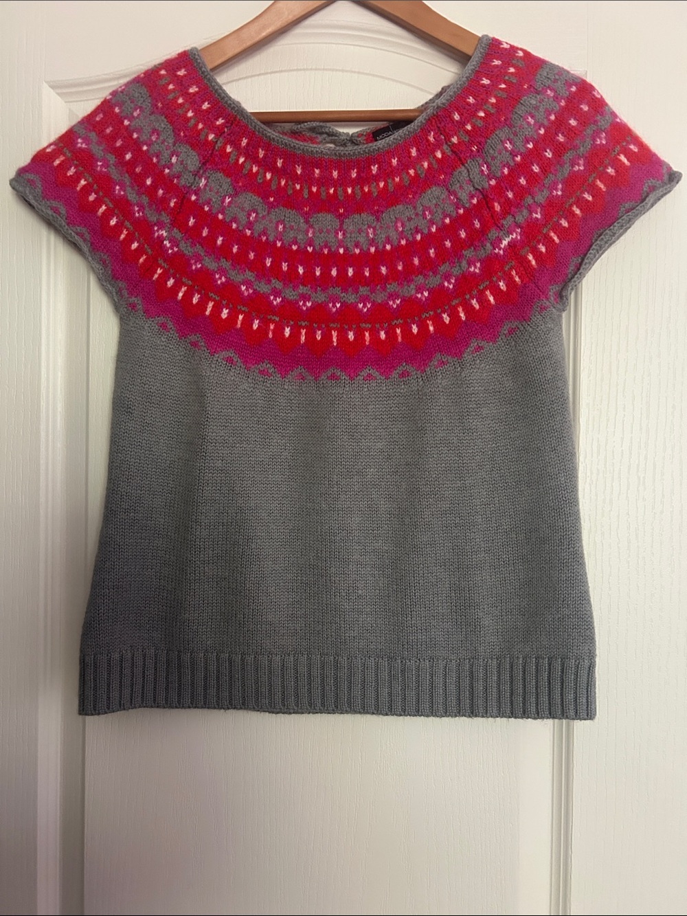 Moda International Heather Gray Sweater with Pink & Red Fair Isle Yoke